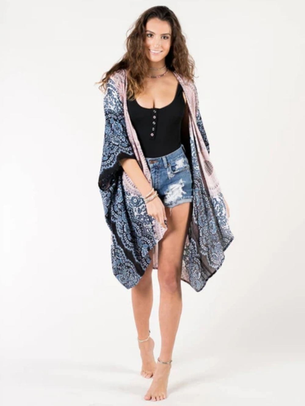 *LOTUS & LUNA*NWT*Paisley Print Pink & Blue Beach Kimono Cover-Up - Picture 4 of 9